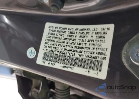 2016 Honda Civic Touring from USA, damaged, VIN 19XFC1F97GE211744